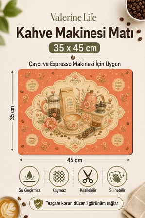 Valerine Life Kahve Espresso Makinesi Matı 35x45cm Çaycı Pad Su Geçirmez Mercan Kahve Rozeti