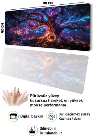 SonicTouch Klavye Mousepad 40x90cm Dikişsiz Pürüzsüz Sıvı Geçirmez Kaymaz Taban Neon Hayat Ağacı
