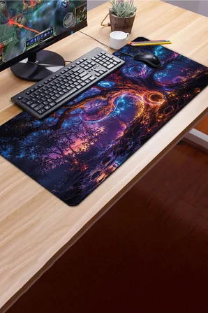 SonicTouch Klavye Mousepad 40x90cm Dikişsiz Pürüzsüz Sıvı Geçirmez Kaymaz Taban Neon Hayat Ağacı