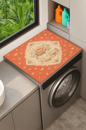 Valerine Life Çamaşır Kurutma Makinesi Üstü Düzenleyici Matı Sıvı Geçirmez Örtü Mercan Çiçekli Bakım