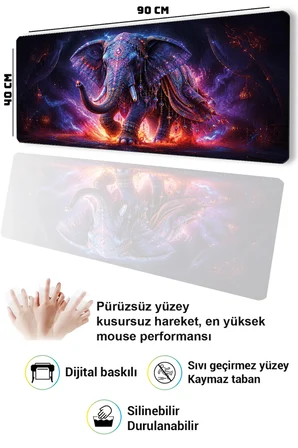 SonicTouch Klavye Mousepad 40x90cm Dikişsiz Pürüzsüz Sıvı Geçirmez Kaymaz Taban Kozmik Hint Fili