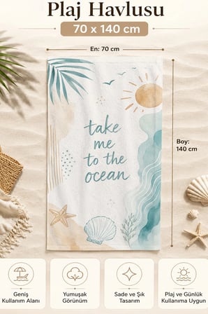 Valerine Life Plaj Havlusu 70x140cm Havuz Spa Sauna Spor Pamuklu Emici Take Me to the Ocean