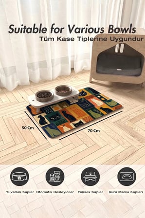 MAtGo Pati Kedi Köpek Beslenme Matı 50x70cm Kedi Kolajı Su Geçirmez Kaymaz Mama Kabı Altlığı Paspası