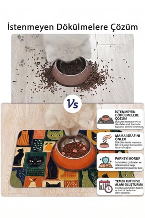 MAtGo Pati Kedi Köpek Beslenme Matı 50x70cm Kedi Kolajı Su Geçirmez Kaymaz Mama Kabı Altlığı Paspası