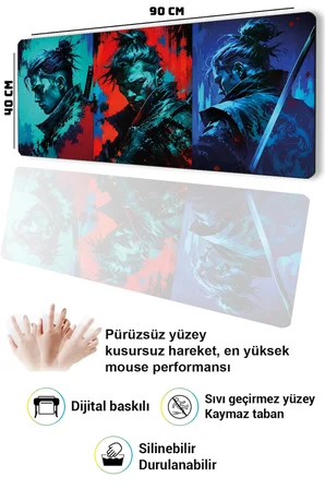 SonicTouch Klavye Mousepad 40x90cm Dikişsiz Pürüzsüz Sıvı Geçirmez Kaymaz Taban Neon Samurai