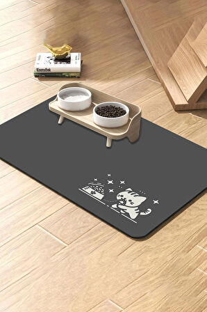 MAtGo Pati Mama Çeken Gri Kedi Beslenme Matı Kaymaz Sıvı Geçirmez Kedi Köpek Mama Paspası 50x70cm
