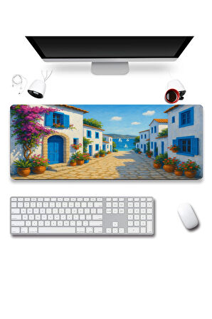 SonicTouch UltraGrand Mavi Beyaz Bodrum Evleri Dikişsiz Xxl Gaming Oyuncu Klavye Mouse Pad 40x90Cm