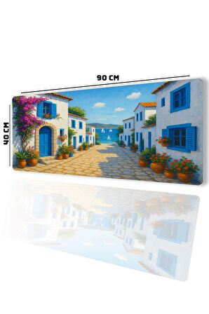 SonicTouch UltraGrand Mavi Beyaz Bodrum Evleri Dikişsiz Xxl Gaming Oyuncu Klavye Mouse Pad 40x90Cm