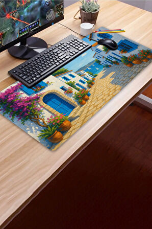 SonicTouch UltraGrand Mavi Beyaz Bodrum Evleri Dikişsiz Xxl Gaming Oyuncu Klavye Mouse Pad 40x90Cm