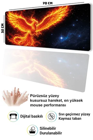 SonicTouch Klavye Mousepad 32x70cm Dikişsiz Sıvı Geçirmez Kaymaz Taban Küllerden Yükseliş Anka Kuşu