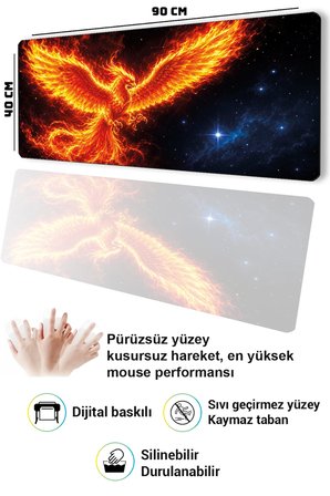 SonicTouch Klavye Mousepad 40x90cm Dikişsiz Sıvı Geçirmez Kaymaz Taban Küllerden Yükseliş Anka Kuşu