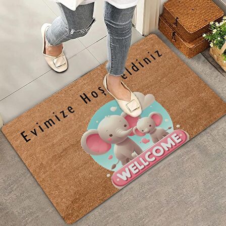 Valerine Life Sevimli Pembe Yavru Filler Evimize Hoş Geldiniz Kapı Önü Paspası 45x70cm