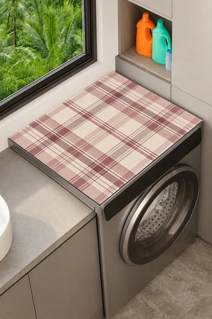Valerine Life Çamaşır Kurutma Makinesi Üstü Düzenleyici Matı Sıvı Geçirmez Örtü Bordo Keten Kareler