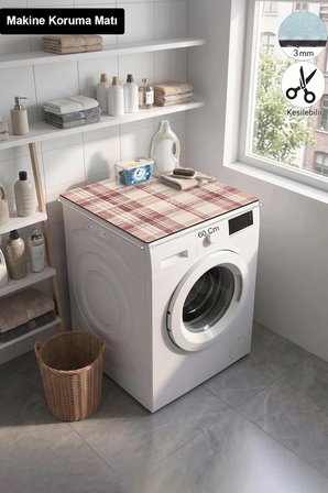 Valerine Life Çamaşır Kurutma Makinesi Üstü Düzenleyici Matı Sıvı Geçirmez Örtü Bordo Keten Kareler