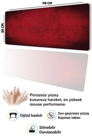 SonicTouch Klavye Mousepad 32x70cm Dikişsiz Pürüzsüz Sıvı Geçirmez Kaymaz Taban Kızıl Doku
