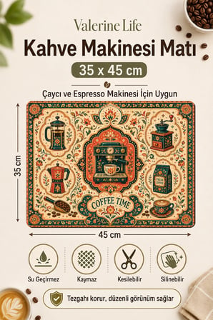 Valerine Life Kahve Espresso Makinesi Matı 35x45cm Çaycı Pad Su Geçirmez Floral Mandalası