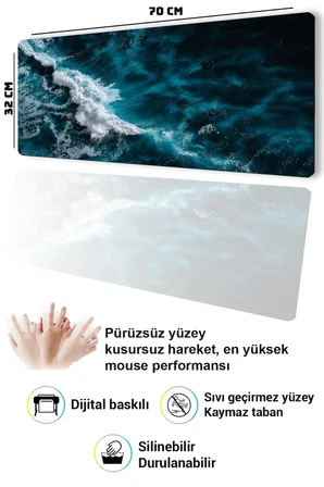 SonicTouch Klavye Mousepad 32x70cm Dikişsiz Pürüzsüz Sıvı Geçirmez Kaymaz Taban Mavi Derinlik