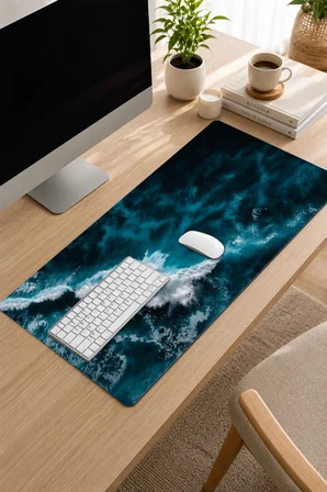 SonicTouch Klavye Mousepad 32x70cm Dikişsiz Pürüzsüz Sıvı Geçirmez Kaymaz Taban Mavi Derinlik