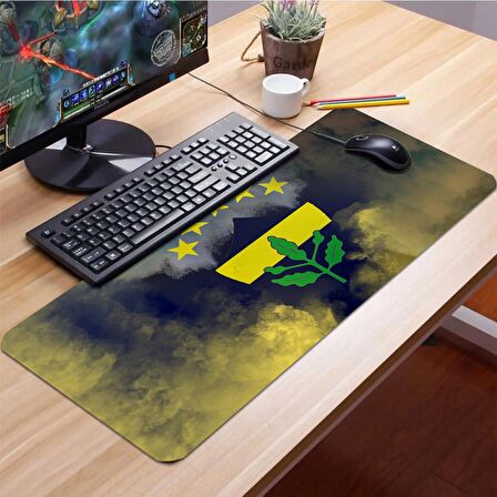 SonicTouch Sarı Lacivert Sis Bulutu Temalı Kaymaz Gaming Oyuncu Masaüstü Dikişsiz Klavye Mouse Pad 32x70Cm