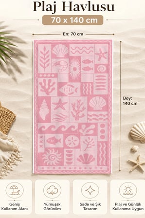 Valerine Life Plaj Havlusu 70x140cm Havuz Spa Sauna Spor Pamuklu Emici Pembe Deniz Mozaiği