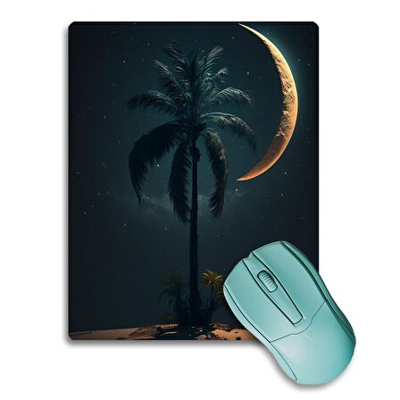 SonicTouch Gece Mavisi Ay ve Palmiye Desenli Kaydırmaz Gaming Oyuncu Dikişsiz Mouse Pad/Ped 17x21cm