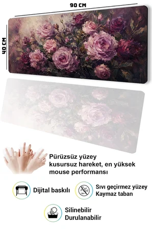 SonicTouch Klavye Mousepad 40x90cm Dikişsiz Pürüzsüz Sıvı Geçirmez Kaymaz Taban Gece Gülleri