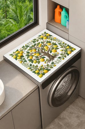 Valerine Life Çamaşır Kurutma Makinesi Üstü Düzenleyici Matı Sıvı Geçirmez Örtü Limon Bahçesi Beyaz