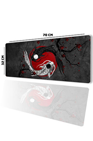 SonicTouch Japon Ying Yang Balığı Gamer Oyuncu Dikişsiz Sıvı Geçirmez Siyah Klavye Mouse Pad 32x70Cm