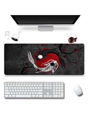 SonicTouch Japon Ying Yang Balığı Gamer Oyuncu Dikişsiz Sıvı Geçirmez Siyah Klavye Mouse Pad 32x70Cm