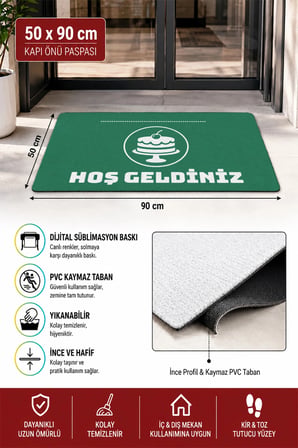Valerine Life Kapı Önü Paspası 50x90cm Dijital Baskı Kaymaz Kişiye Firmaya Özel Pastane
