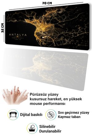 SonicTouch Klavye Mousepad 32x70cm Pürüzsüz Sıvı Geçirmez Kaymaz Taban Antalya Gece Haritası