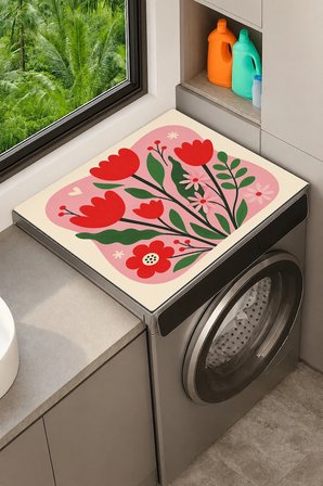 Valerine Life Çamaşır Kurutma Makinesi Üstü Düzenleyici Matı Sıvı Geçirmez Örtü Kırmızı Laleler