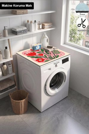 Valerine Life Çamaşır Kurutma Makinesi Üstü Düzenleyici Matı Sıvı Geçirmez Örtü Kırmızı Laleler