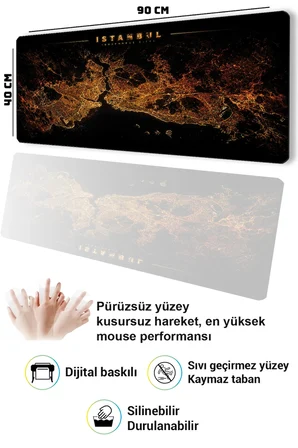 SonicTouch Klavye Mousepad 40x90cm Sıvı Geçirmez Kaymaz Taban istanbul Gece Haritası Pürüzsüz