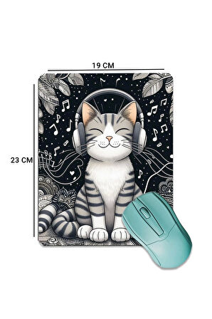 SonicTouch Müzik Sever Kedi Temalı Pürüzsüz Yüzey Kaymaz Taban Dikişsiz Kenar Gamer Oyuncu Mouse Pad 19x23cm