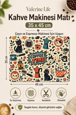 Valerine Life Kahve Espresso Makinesi Matı 35x45cm Çaycı Pad Su Geçirmez Cat Pop Brew