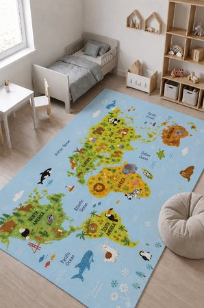 SonicTouch Çocuk Oyun Halısı ingilizce Eğitici Dünya Haritası ve Hayvanlar 70x120cm isme Kişiye Özel