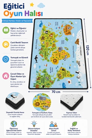 SonicTouch Çocuk Oyun Halısı ingilizce Eğitici Dünya Haritası ve Hayvanlar 70x120cm isme Kişiye Özel