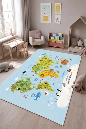 SonicTouch Çocuk Oyun Halısı ingilizce Eğitici Dünya Haritası ve Hayvanlar 70x120cm isme Kişiye Özel