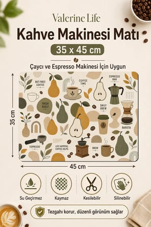 Valerine Life Kahve Espresso Makinesi Matı 35x45cm Çaycı Pad Su Geçirmez Pear & Coffee