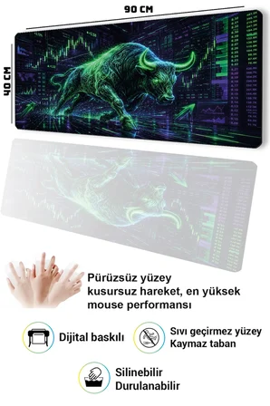 SonicTouch Klavye Mousepad 40x90cm Dikişsiz Pürüzsüz Sıvı Geçirmez Kaymaz Taban Neon Bull Market
