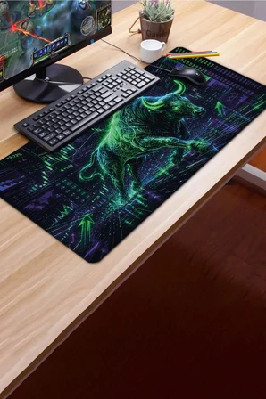 SonicTouch Klavye Mousepad 40x90cm Dikişsiz Pürüzsüz Sıvı Geçirmez Kaymaz Taban Neon Bull Market
