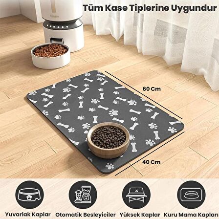 MAtGo Pati Besleme Matı Pati ve Kemikli Kaymaz Antrasit Gri Kedi Köpek Mama Pad/Paspası 40x60cm