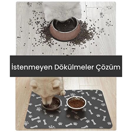 MAtGo Pati Besleme Matı Pati ve Kemikli Kaymaz Antrasit Gri Kedi Köpek Mama Pad/Paspası 40x60cm