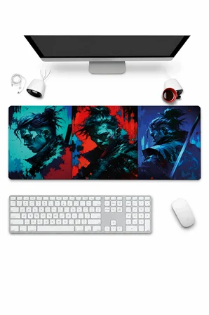 SonicTouch Klavye Mousepad 32x70cm Dikişsiz Pürüzsüz Sıvı Geçirmez Kaymaz Taban Neon Samurai