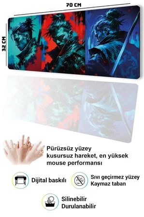 SonicTouch Klavye Mousepad 32x70cm Dikişsiz Pürüzsüz Sıvı Geçirmez Kaymaz Taban Neon Samurai