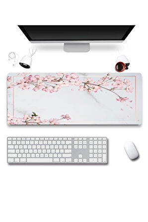 SonicTouch UltraGrand Bahar Dalları Gri Pembe Dikişsiz Xxl Gaming Oyuncu Klavye Mouse Pad 40x90Cm