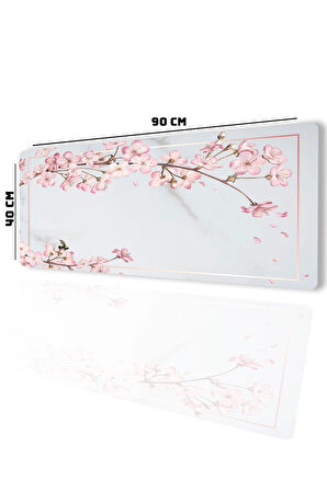 SonicTouch UltraGrand Bahar Dalları Gri Pembe Dikişsiz Xxl Gaming Oyuncu Klavye Mouse Pad 40x90Cm