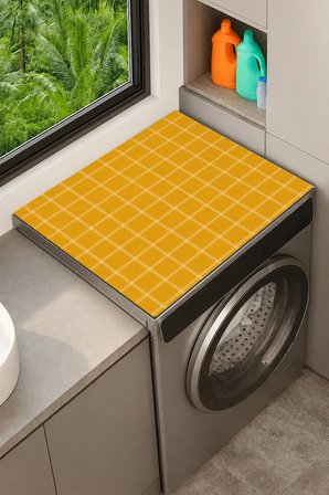 Valerine Life Çamaşır Kurutma Makinesi Üstü Düzenleyici Matı Sıvı Geçirmez Örtü Hardal Kareler