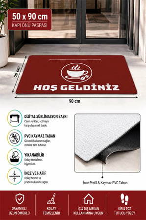Valerine Life Kapı Önü Paspası 50x90cm Dijital Baskı Kaymaz Kişiye Firmaya Özel Kafe